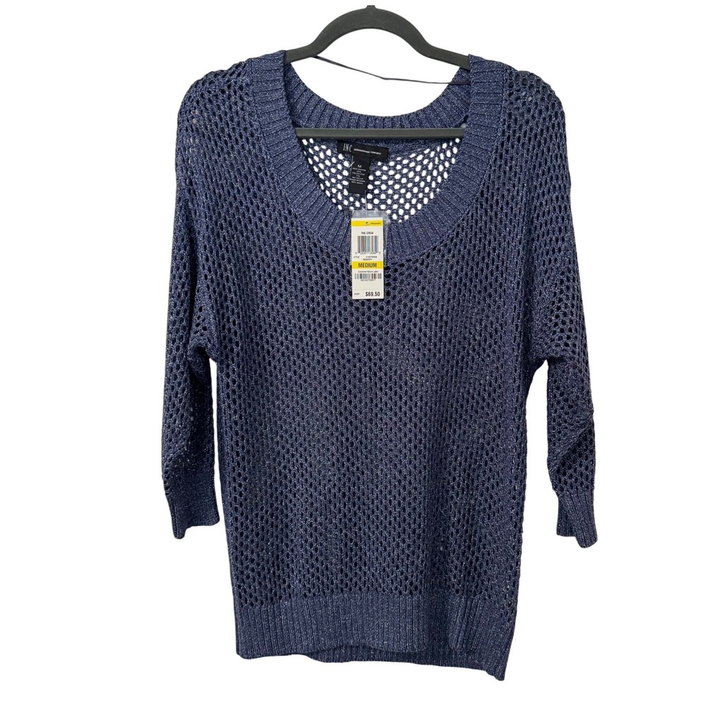 INC‎ International Concepts Metallic Knit Sweater Womens Medium Blue Open Knit